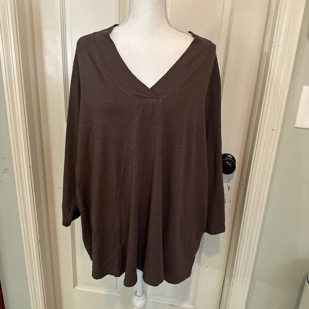 Belle Boho by Kim Gravel Slub Knit Western Chic Seamed Top Size 3X Brown A698046